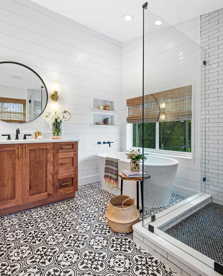 Bright bathroom with intricate tiled floor